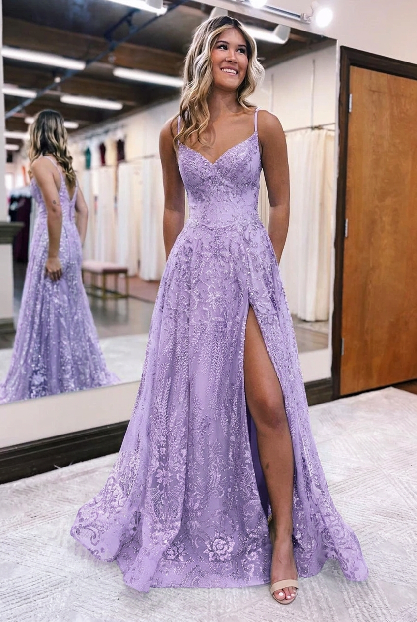 Lavender v-neck split-front A-line prom dress