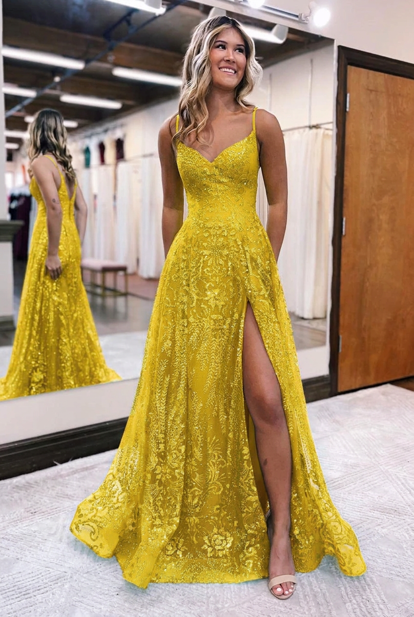 Yellow v-neck split-front A-line prom dress