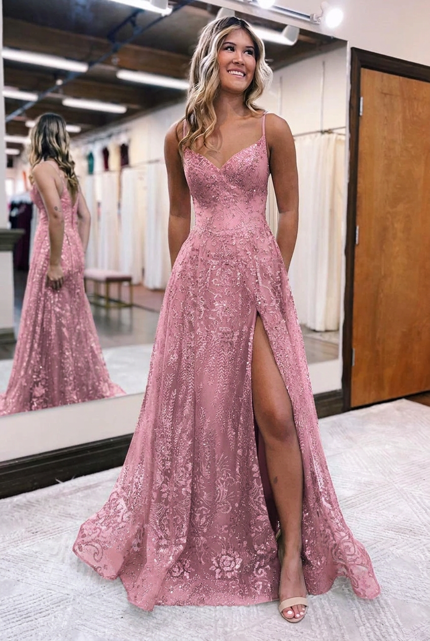 Candy pink v-neck split-front A-line prom dress