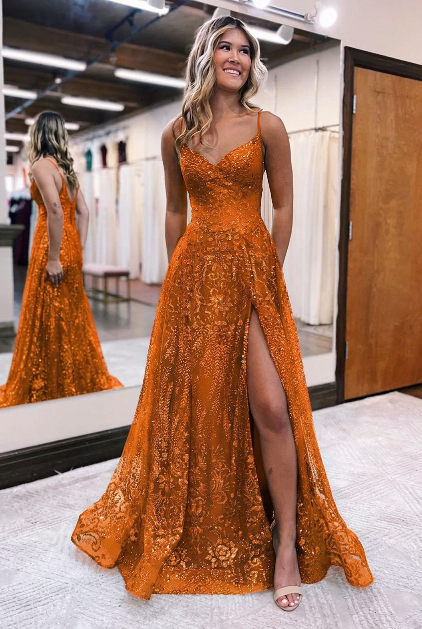 Orange v-neck split-front A-line prom dress