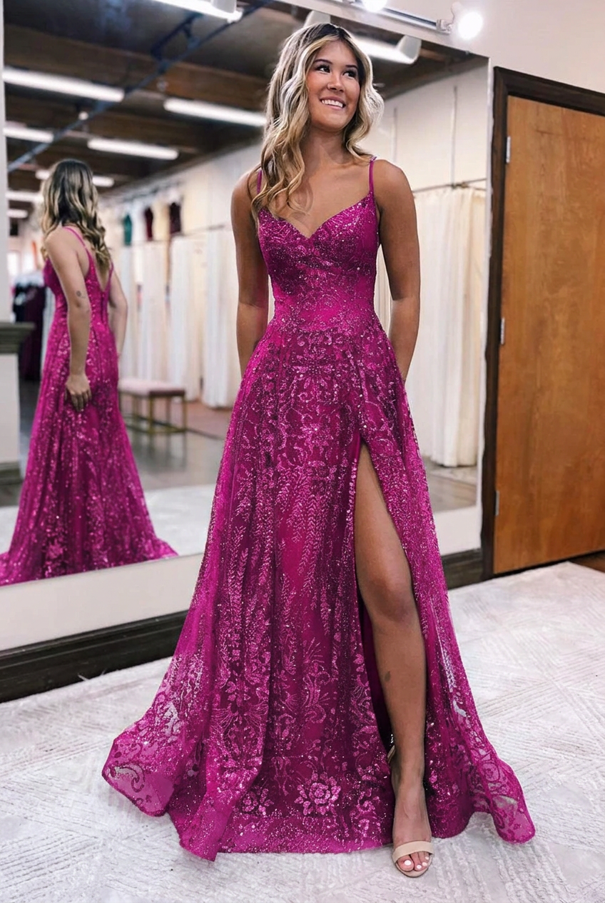 Fuchsia v-neck split-front A-line prom dress
