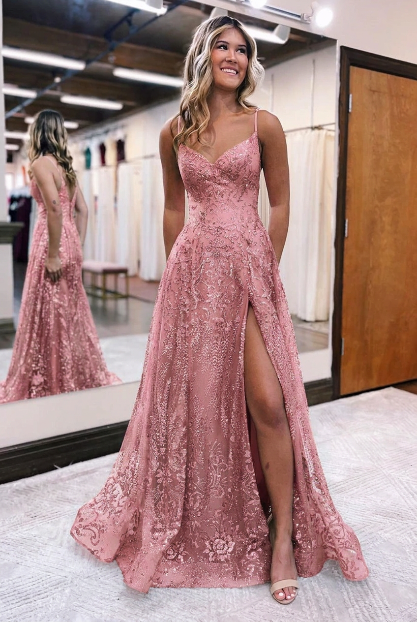 Blushing pink v-neck split-front A-line prom dress