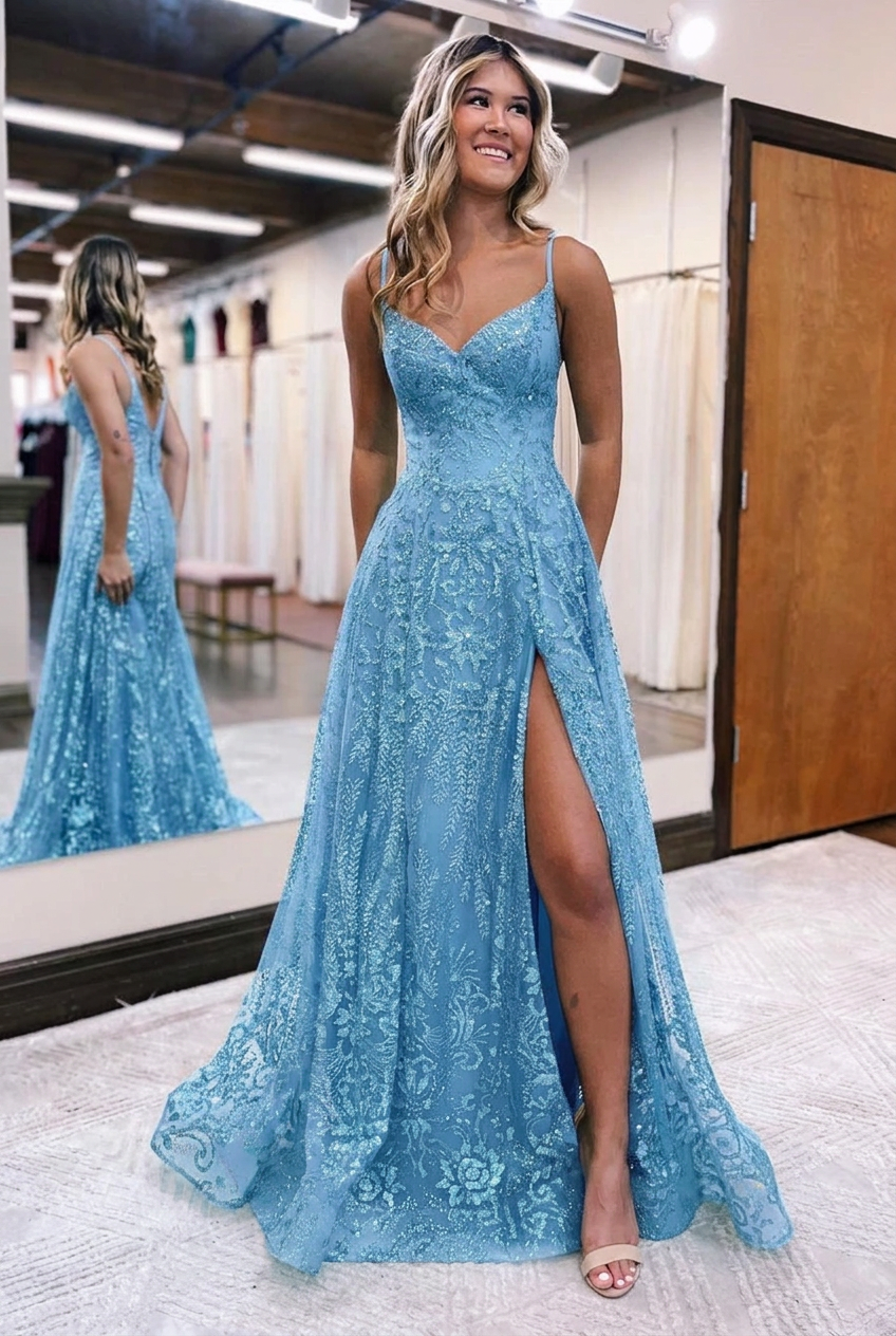 Light blue v-neck split-front A-line prom dress
