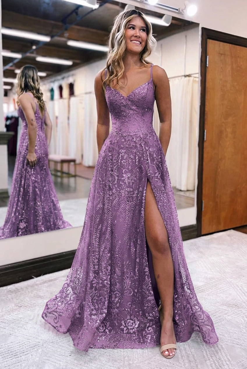 Lilac v-neck split-front A-line prom dress