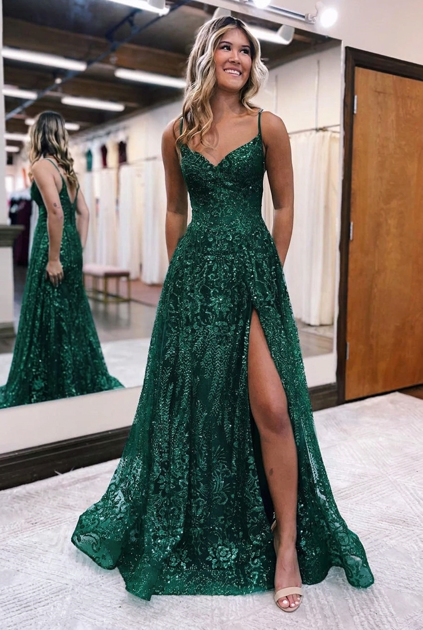 Dark green v-neck split-front A-line prom dress