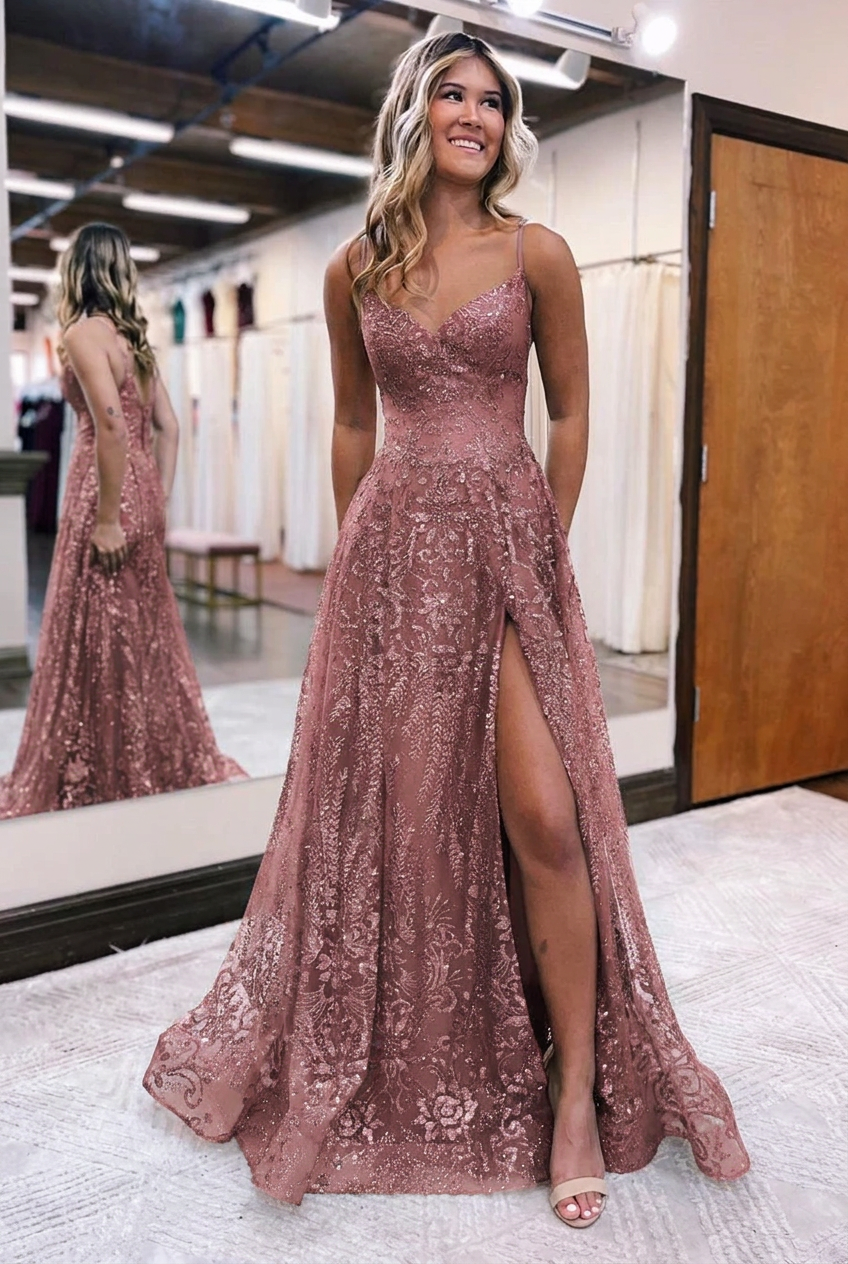 Dusty rose v-neck split-front A-line prom dress