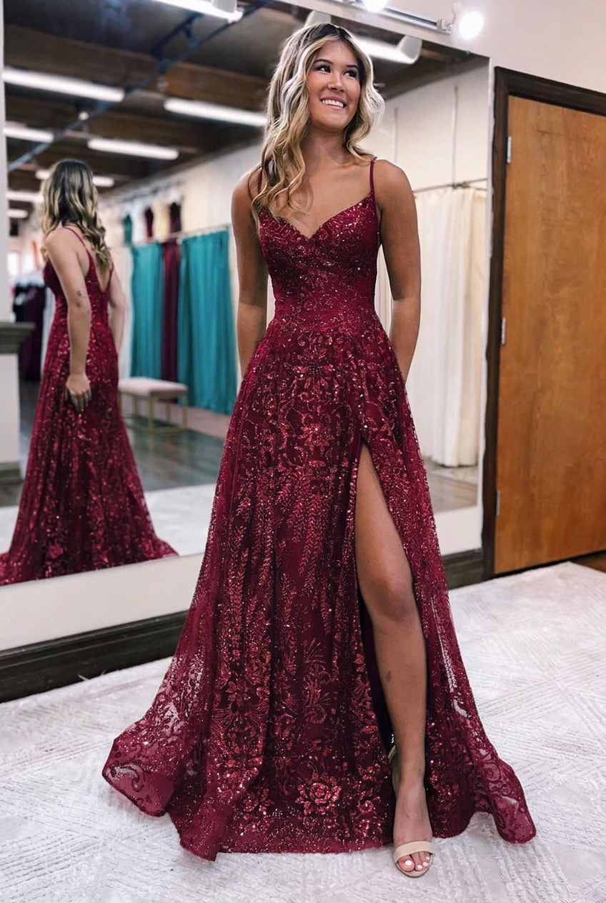 Burgundy v-neck split-front A-line prom dress