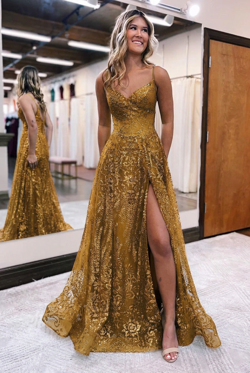 Gold v-neck split-front A-line prom dress