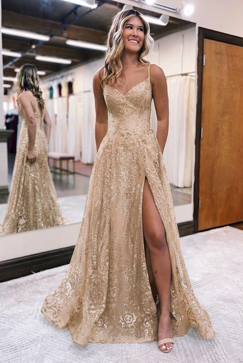 Champagne v-neck split-front A-line prom dress