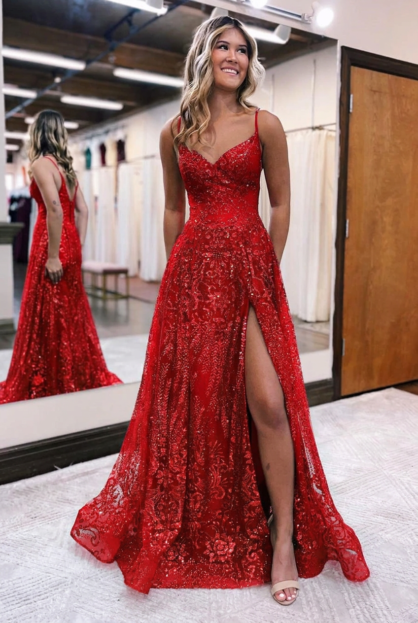 Red v-neck split-front A-line prom dress