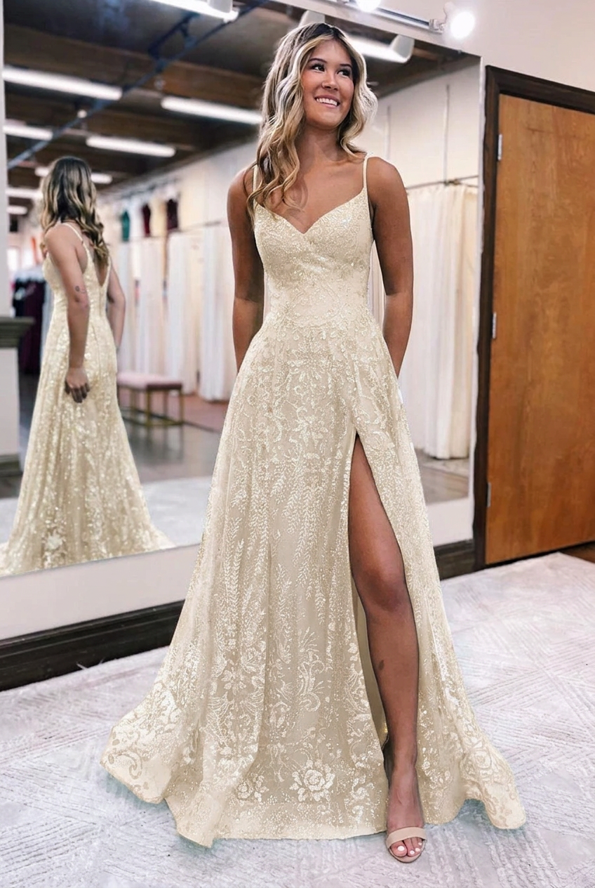 Ivory v-neck split-front A-line prom dress