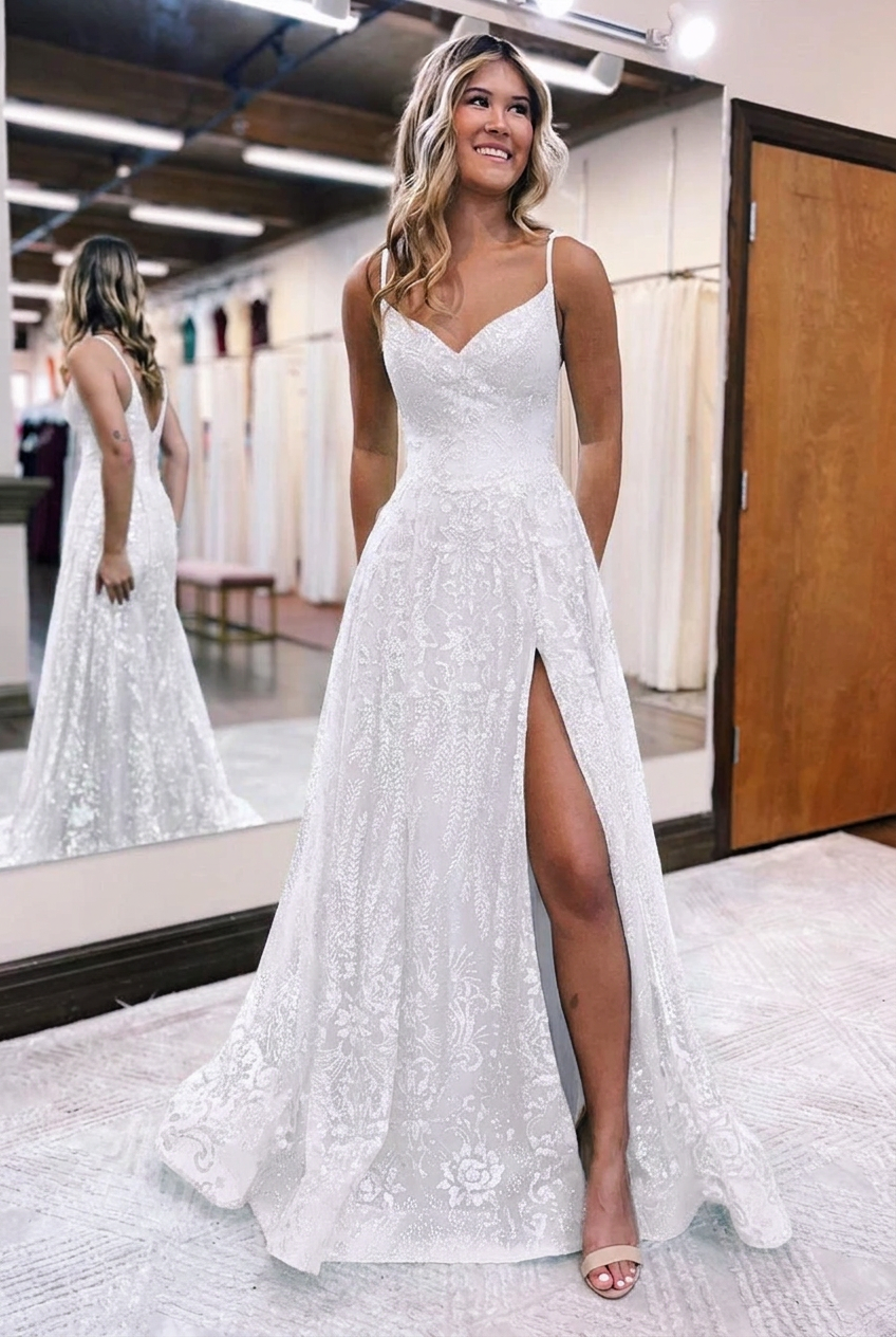 White v-neck split-front A-line prom dress