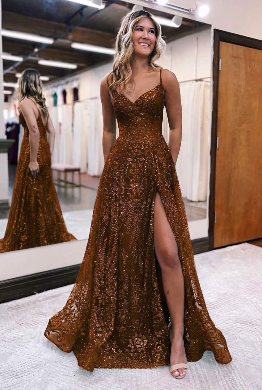 Chocolate v-neck split-front A-line prom dress
