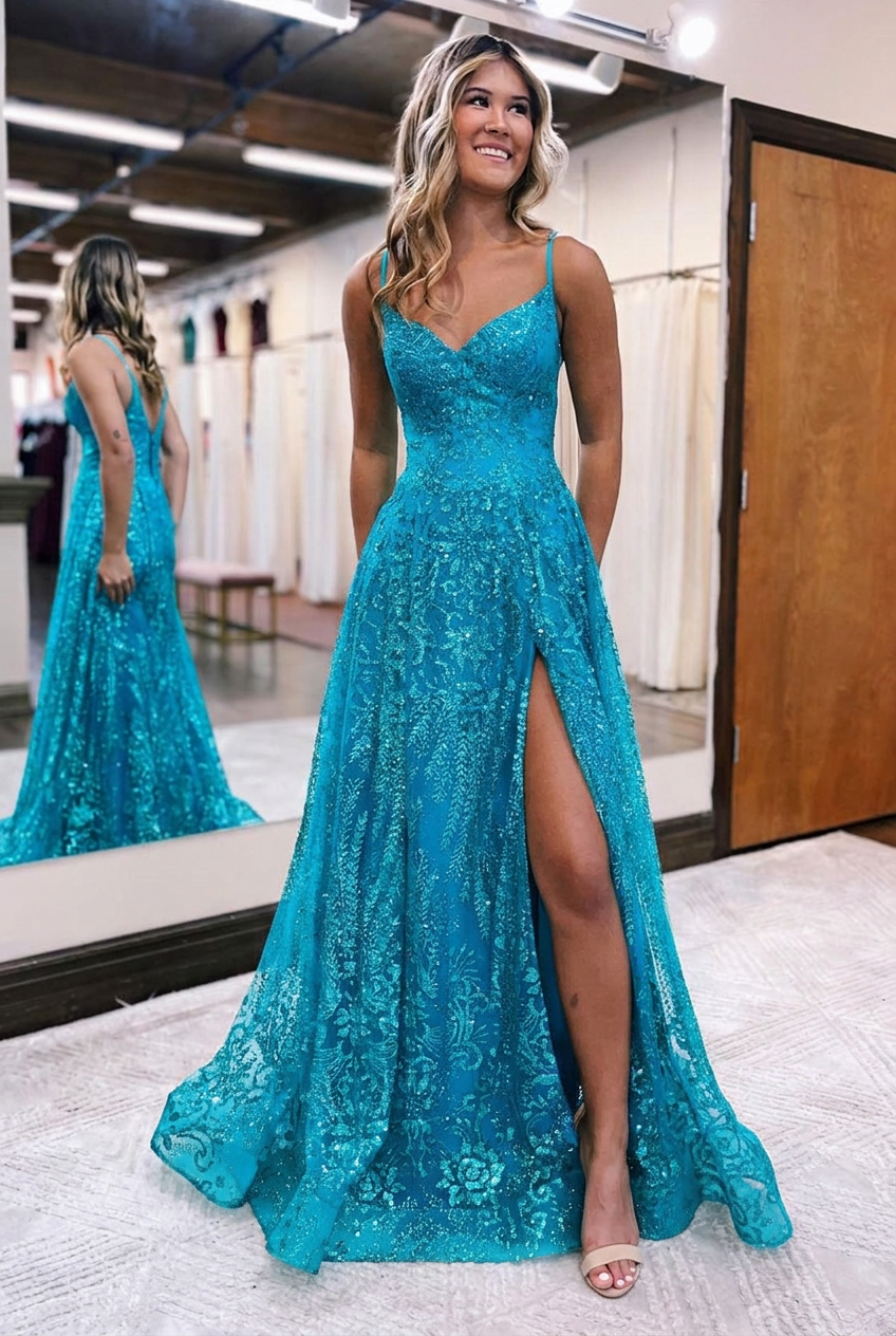 Turquoise v-neck split-front A-line prom dress