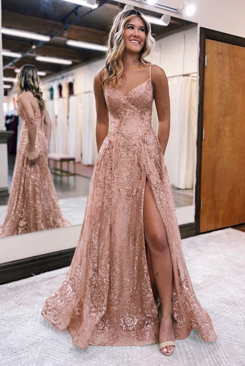 Pearl pink v-neck split-front A-line prom dress