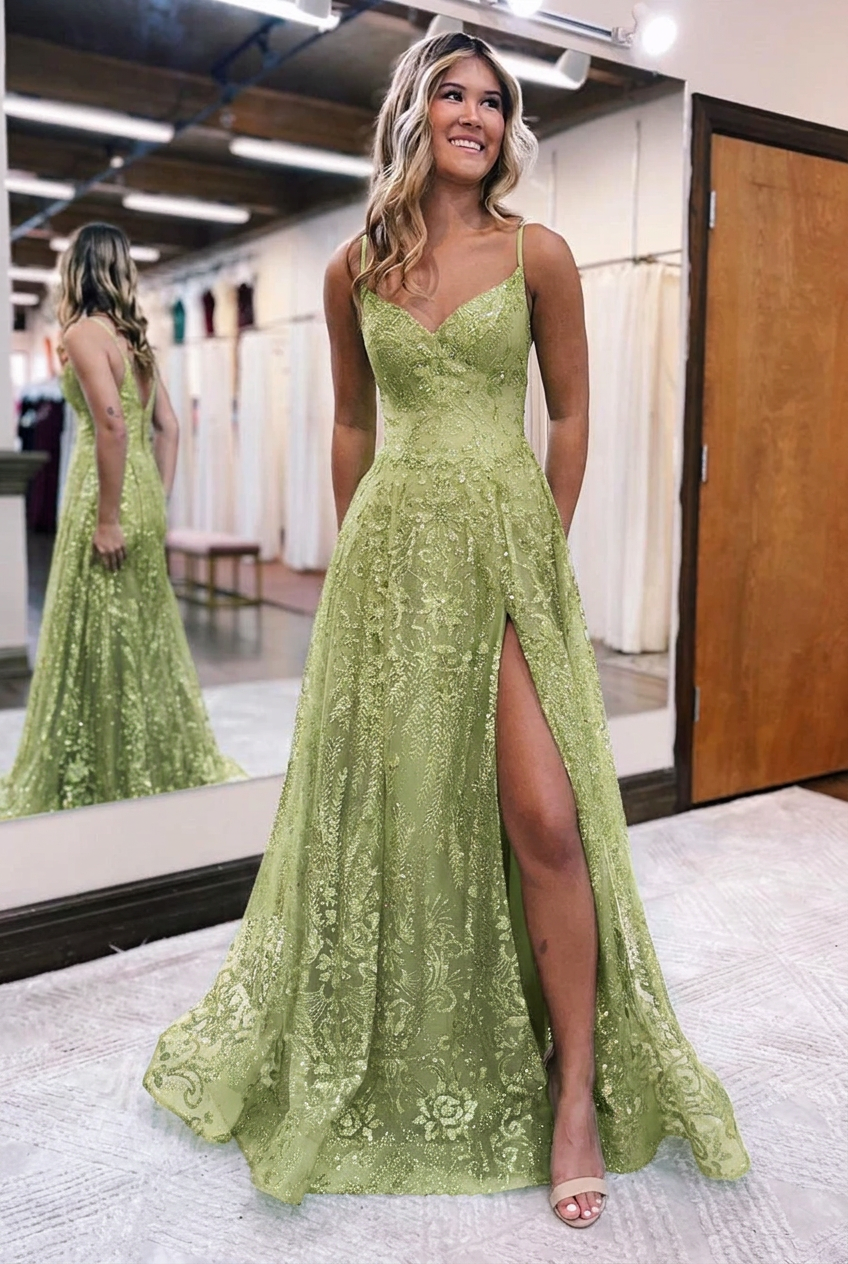 Sage v-neck split-front A-line prom dress