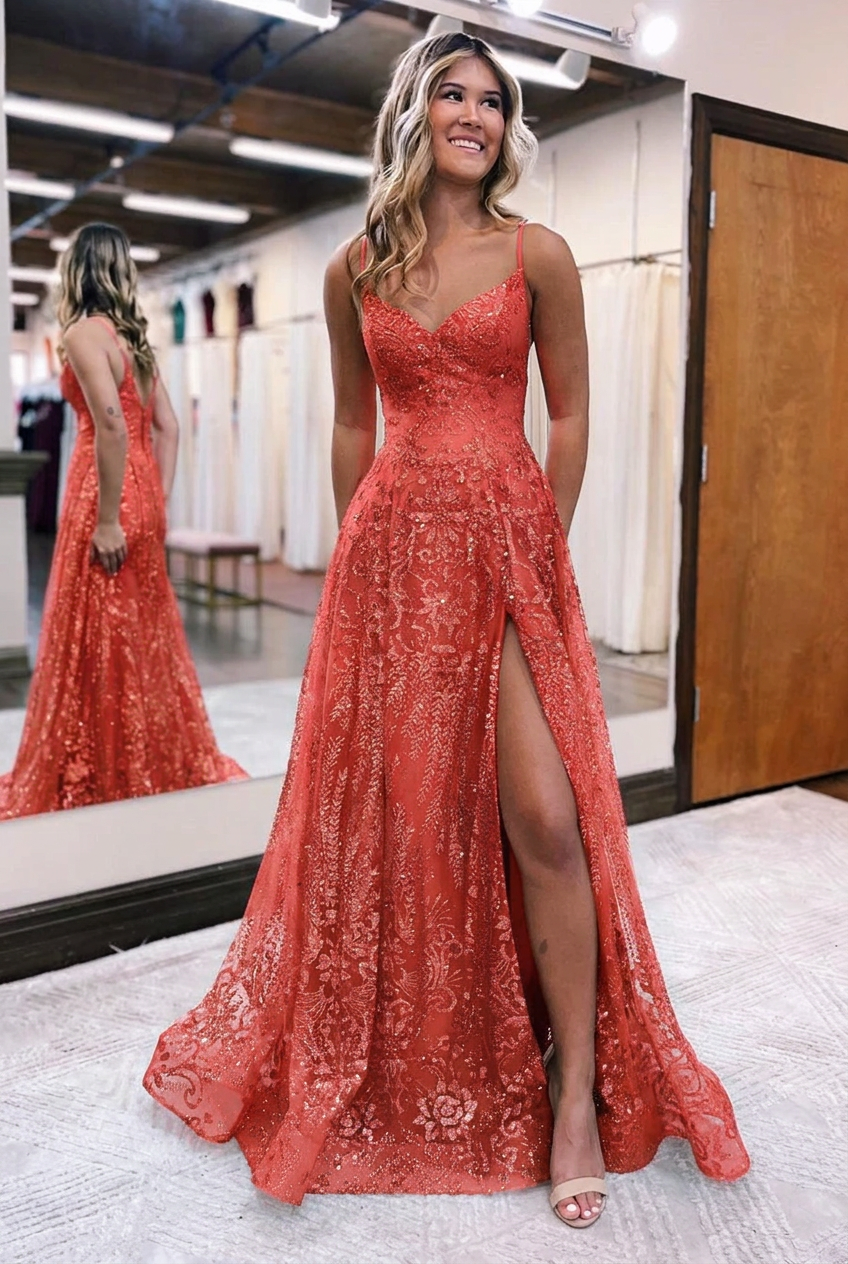 Coral v-neck split-front A-line prom dress