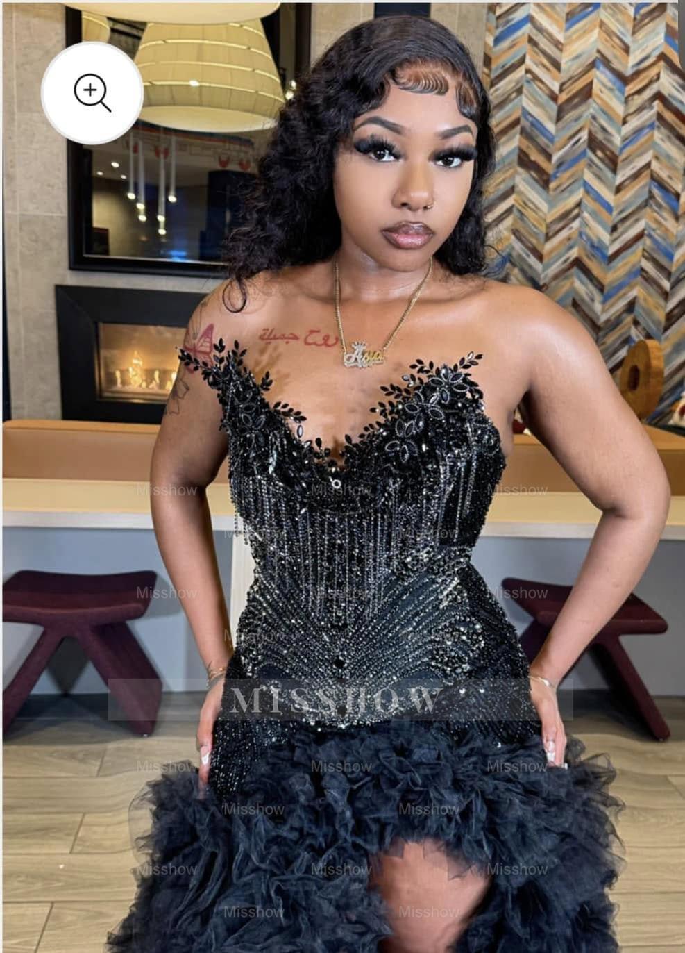 Designer Long Black V-neck Strapless Beaded Prom Dress with Slit and Ruffles