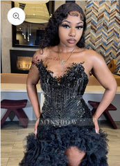 Designer Long Black V-neck Strapless Beaded Prom Dress with Slit and Ruffles