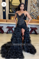 Designer Long Black V-neck Strapless Beaded Prom Dress with Slit and Ruffles