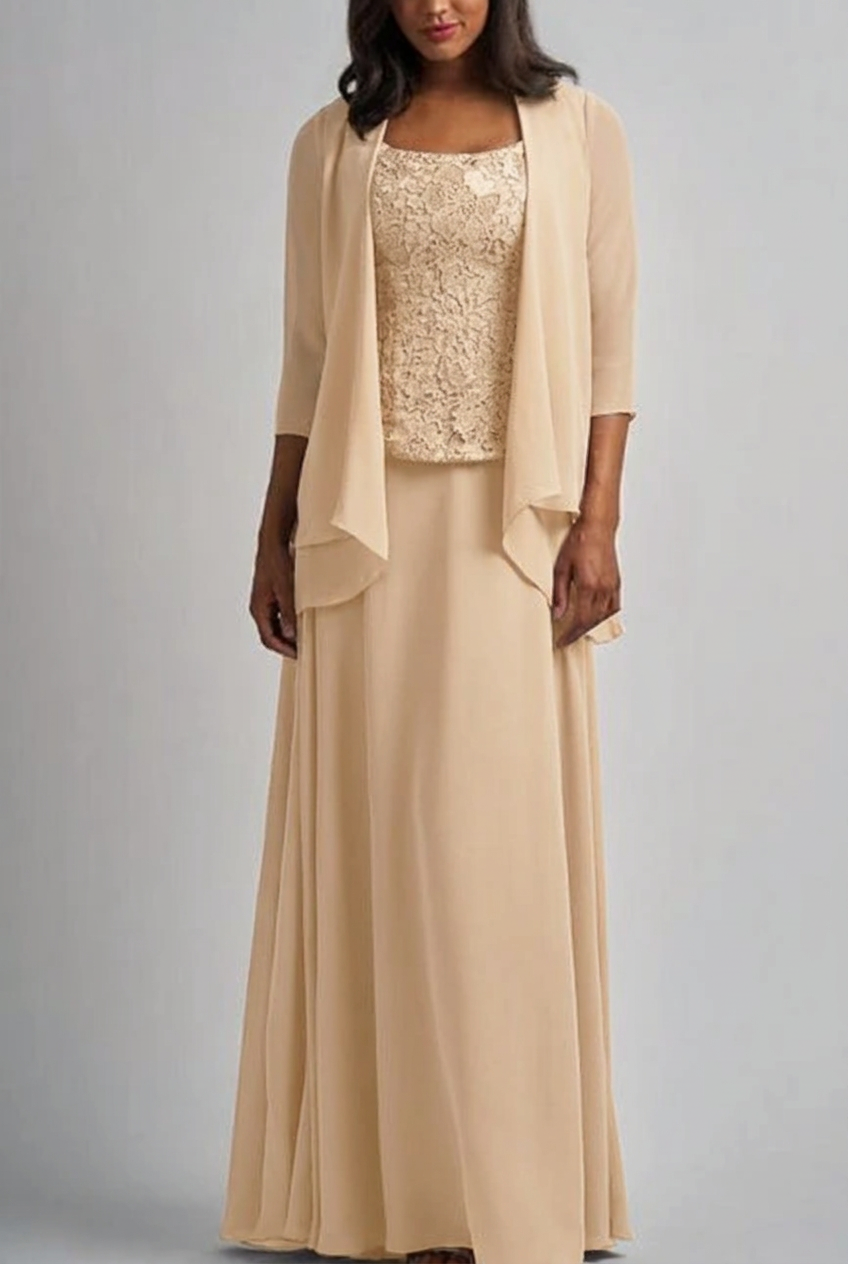Champagne designer long chiffon lace mother of the bride dress with jacket
