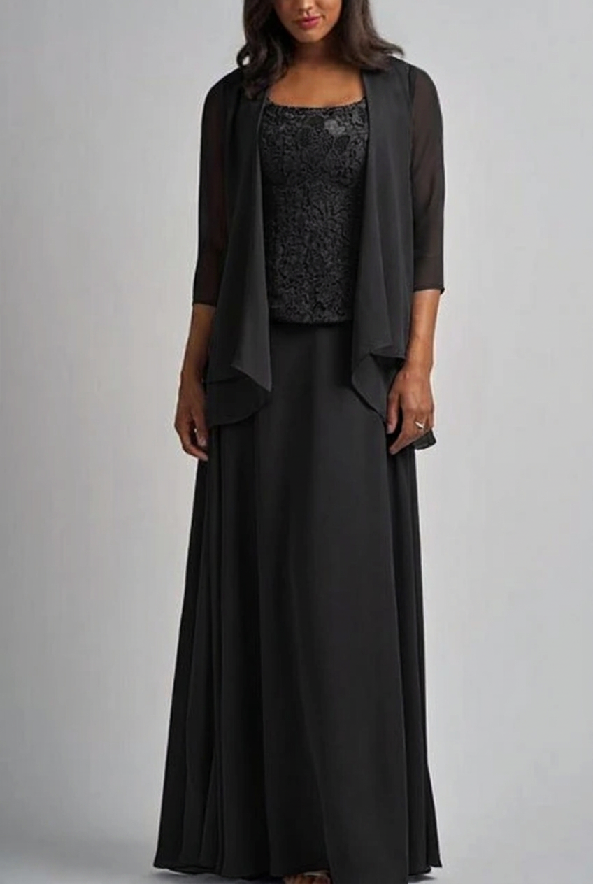 Black designer long chiffon lace mother of the bride dress with jacket
