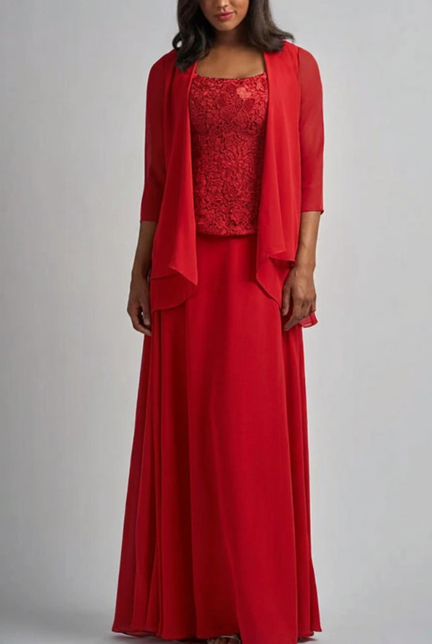 Red designer long chiffon lace mother of the bride dress with jacket