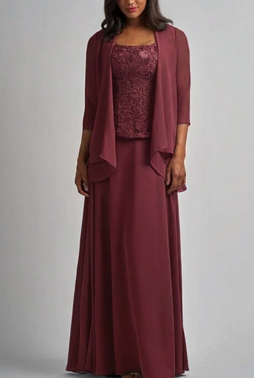 Wine red designer long chiffon lace mother of the bride dress with jacket