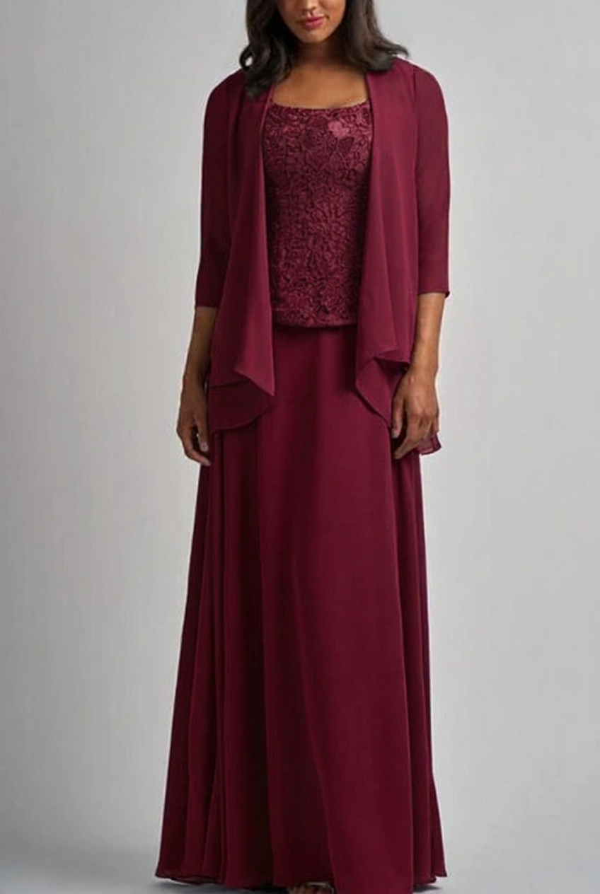 Burgundy designer long chiffon lace mother of the bride dress with jacket