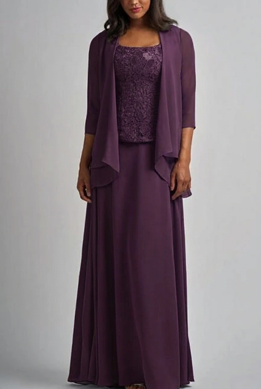 Dark purple designer long chiffon lace mother of the bride dress with jacket
