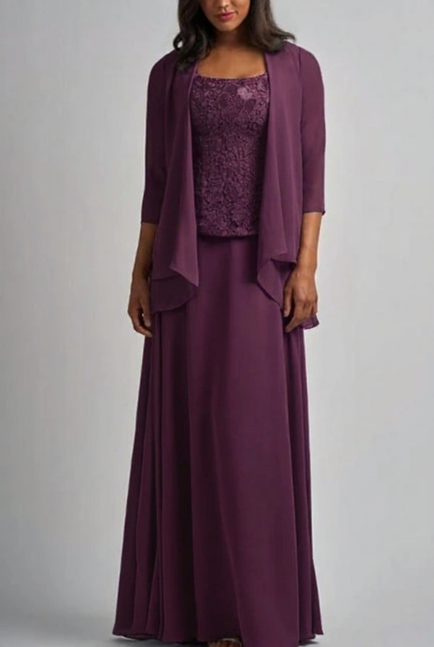 Plum designer long chiffon lace mother of the bride dress with jacket
