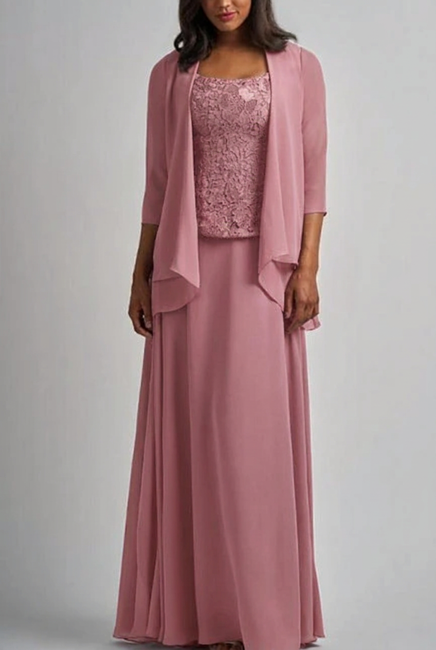 Rose pink designer long chiffon lace mother of the bride dress with jacket