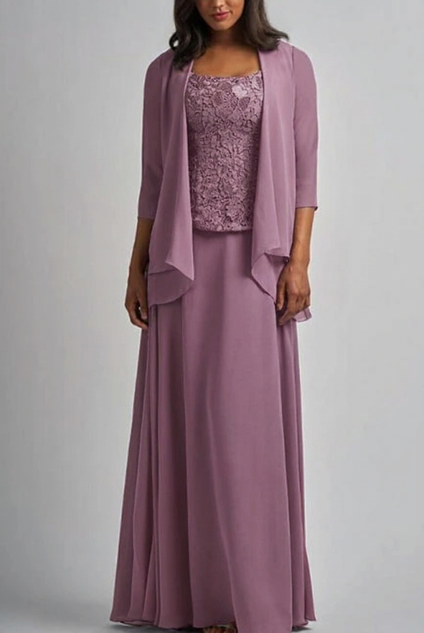 Mauve designer long chiffon lace mother of the bride dress with jacket