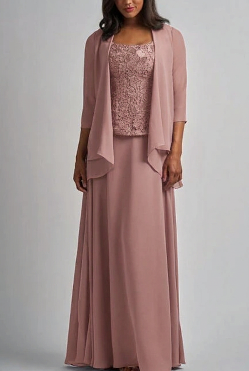 Dusty rose designer long chiffon lace mother of the bride dress with jacket
