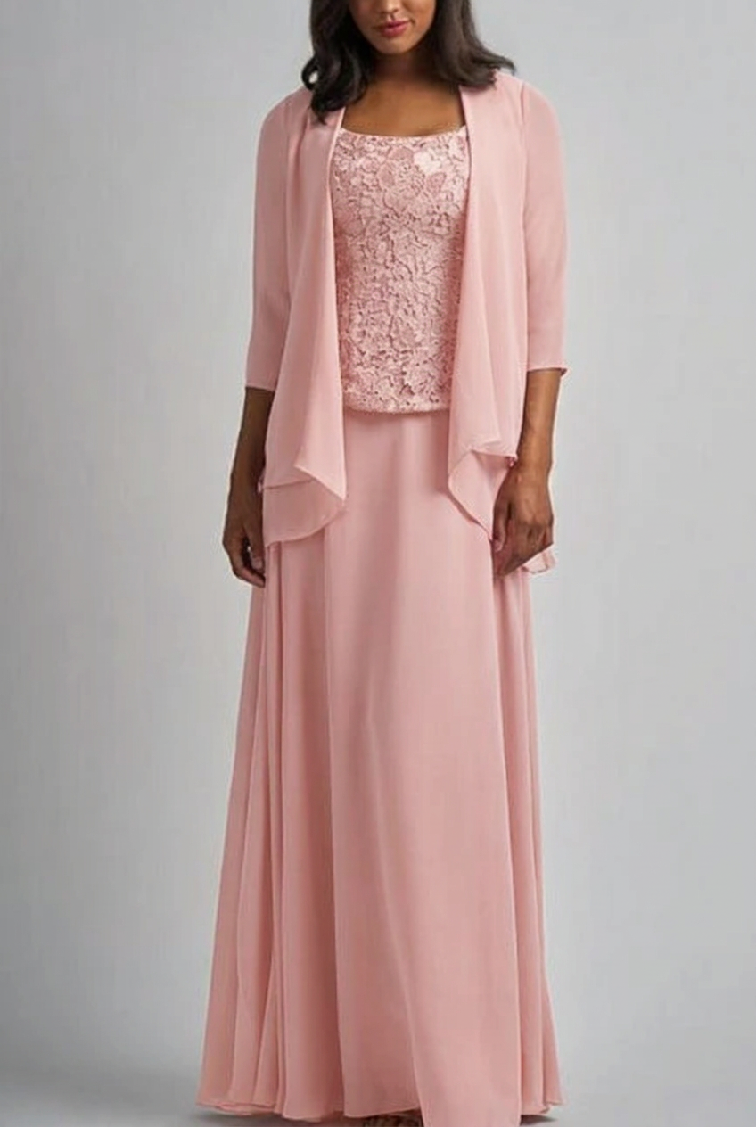 Blush pink designer long chiffon lace mother of the bride dress with jacket