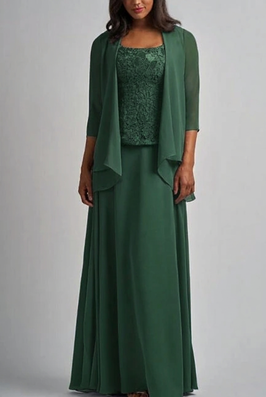 Hunter green designer long chiffon lace mother of the bride dress with jacket