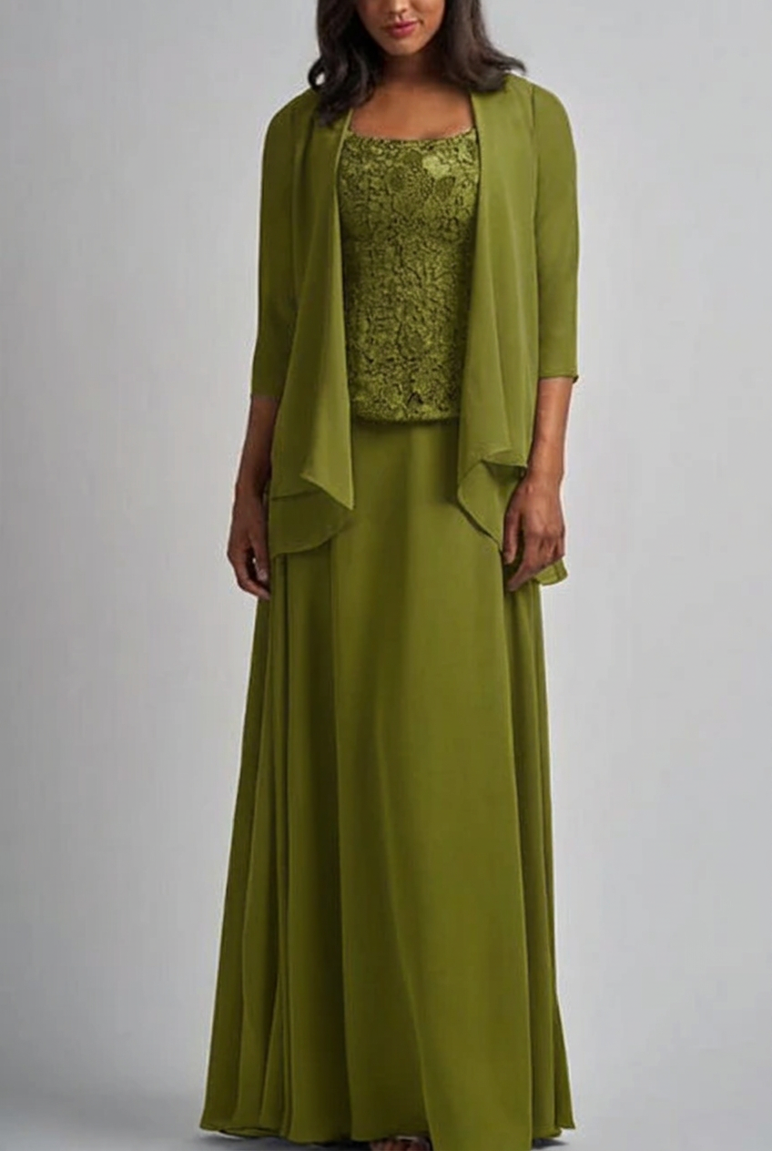 Olive green designer long chiffon lace mother of the bride dress with jacket