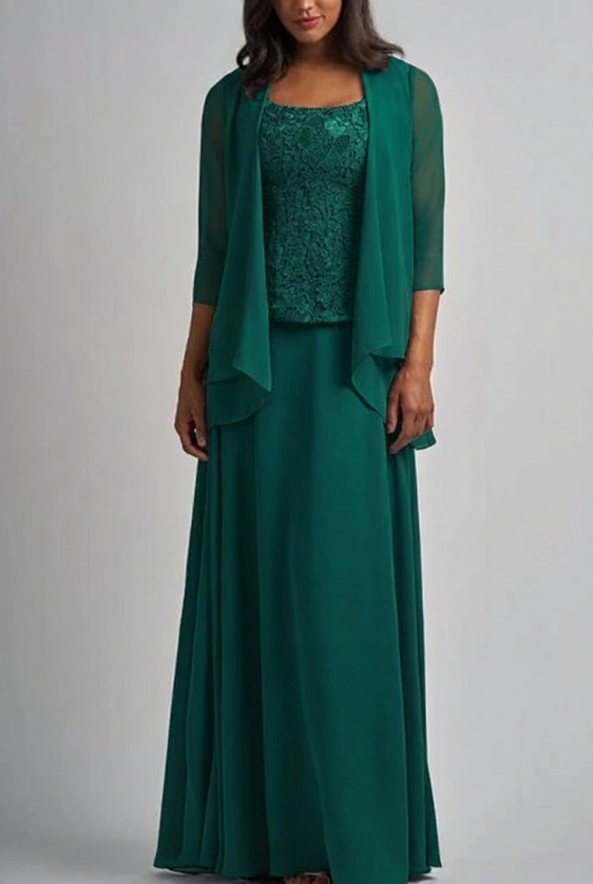 Dark green designer long chiffon lace mother of the bride dress with jacket