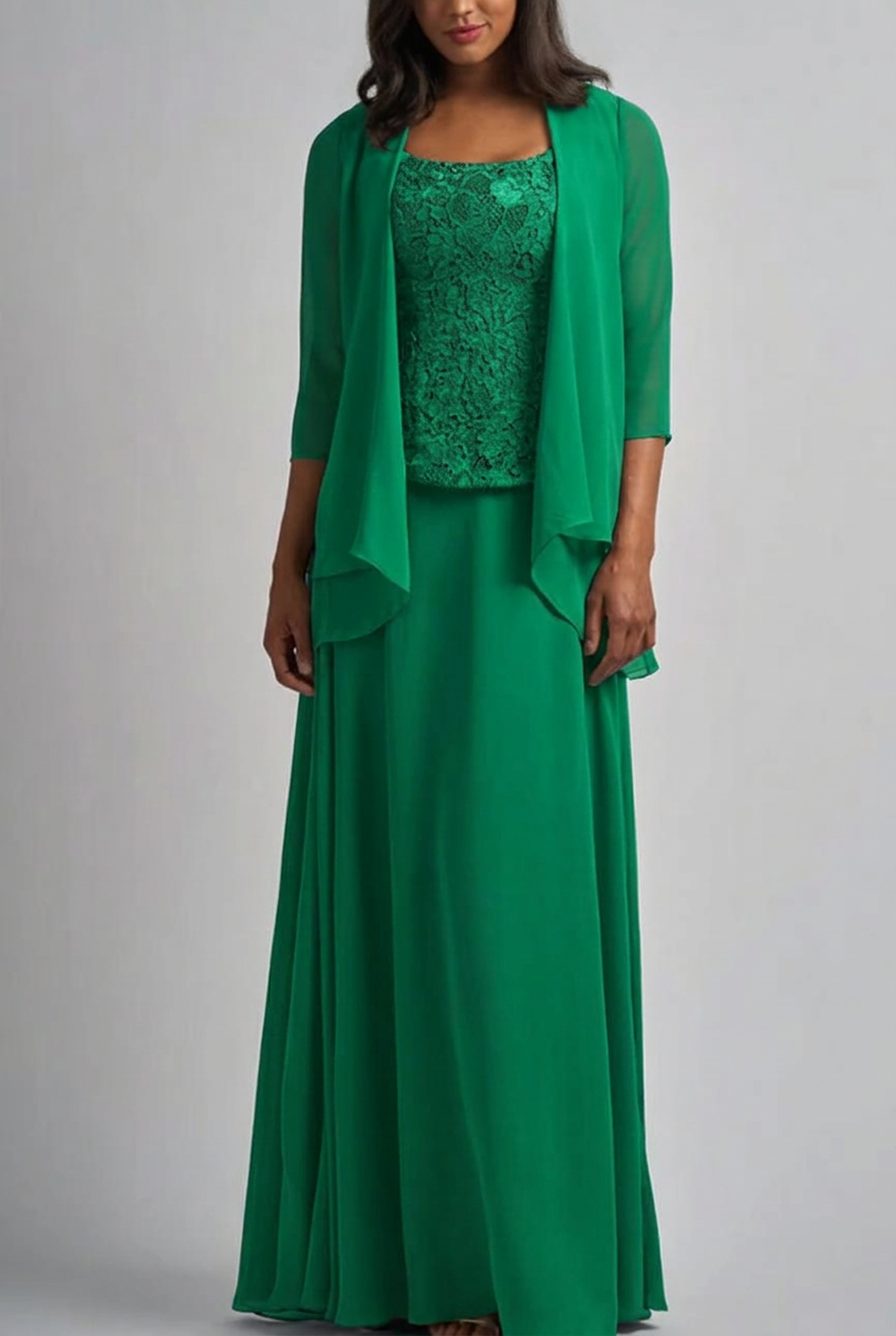 Emerald green designer long chiffon lace mother of the bride dress with jacket