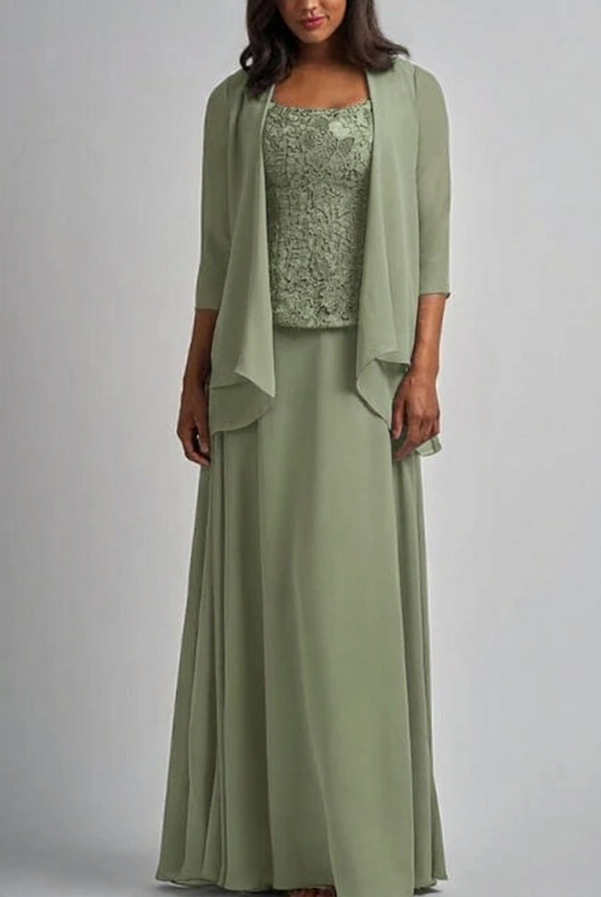 Sage green designer long chiffon lace mother of the bride dress with jacket
