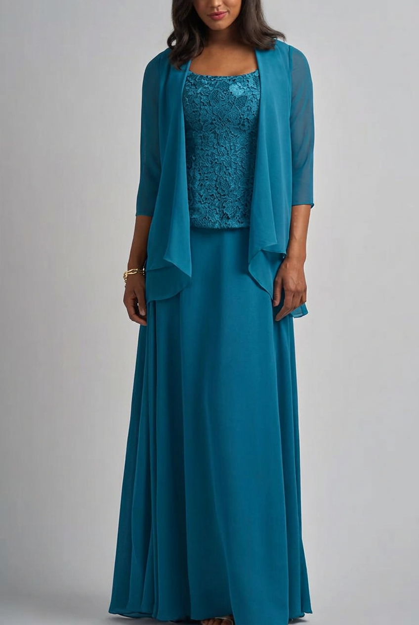 Teal blue designer long chiffon lace mother of the bride dress with jacket