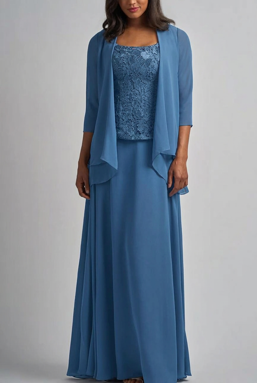 Steel blue designer long chiffon lace mother of the bride dress with jacket