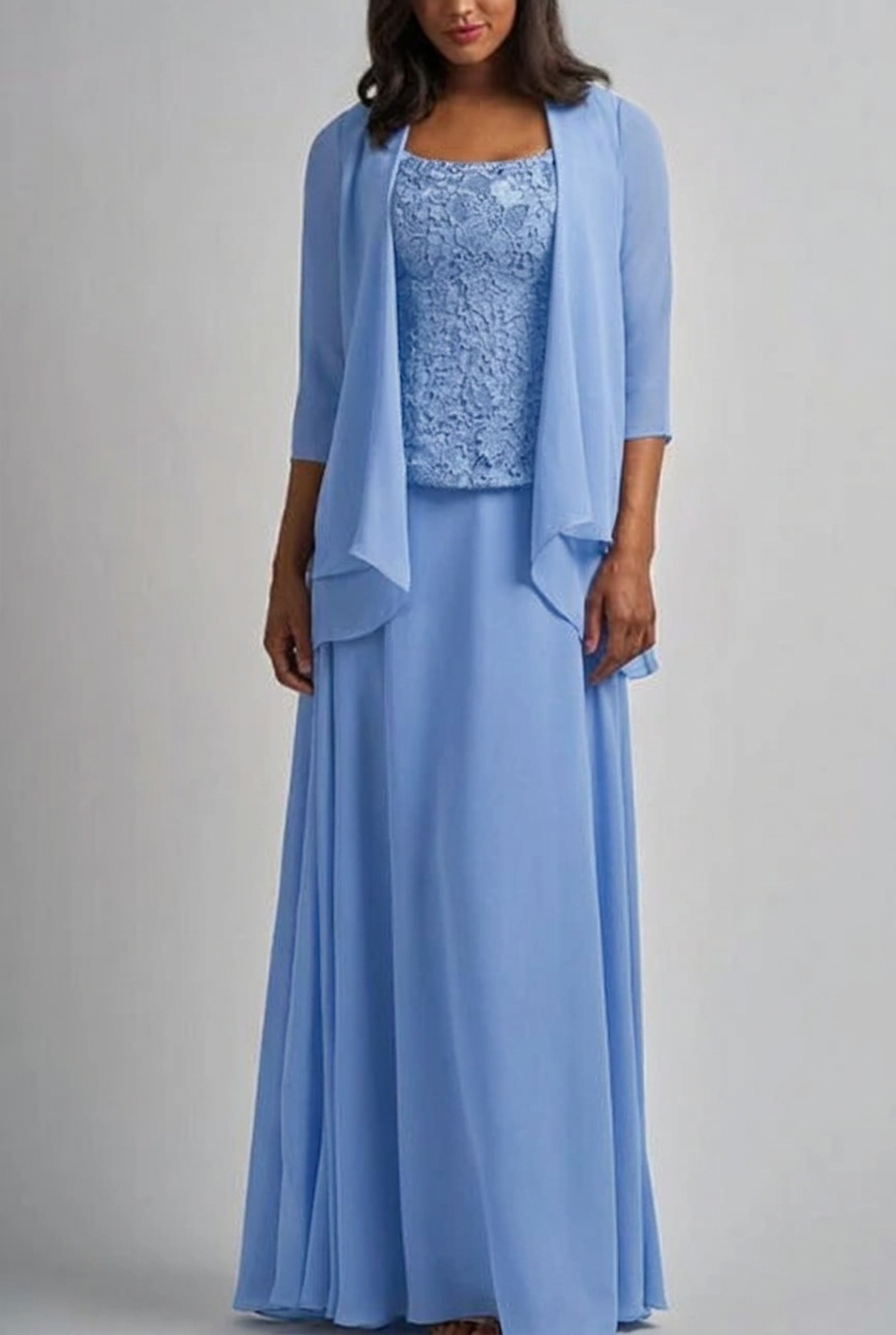 Light blue designer long chiffon lace mother of the bride dress with jacket