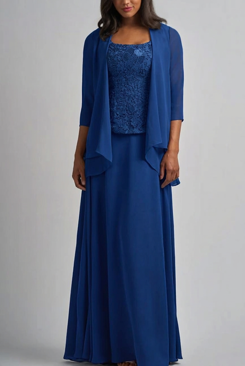 Royal blue designer long chiffon lace mother of the bride dress with jacket