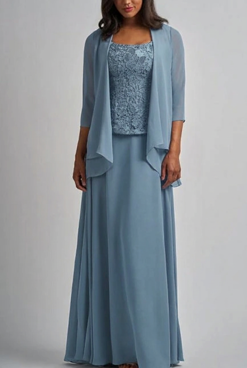 Dusty blue designer long chiffon lace mother of the bride dress with jacket