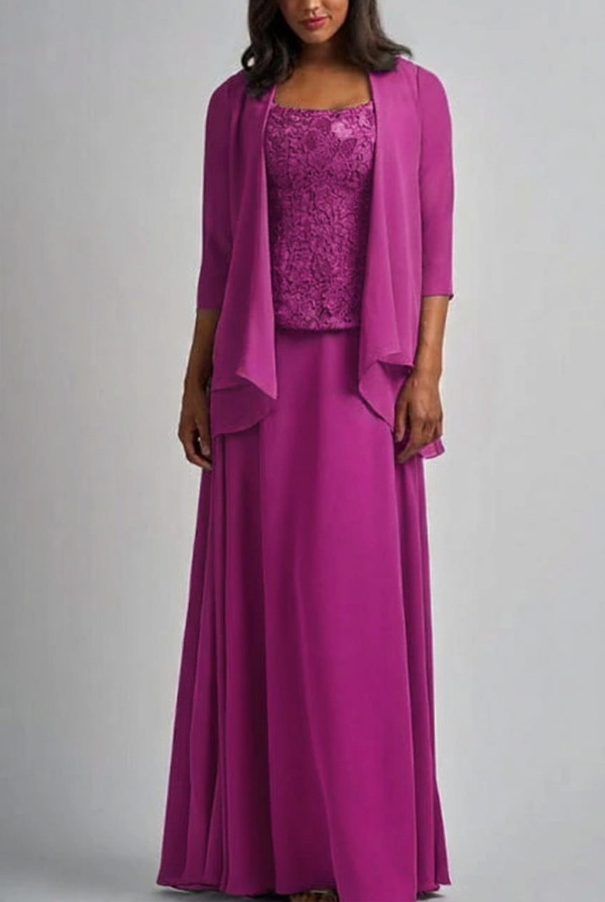 Fuchsia designer long chiffon lace mother of the bride dress with jacket