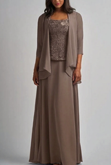Mocha designer long chiffon lace mother of the bride dress with jacket
