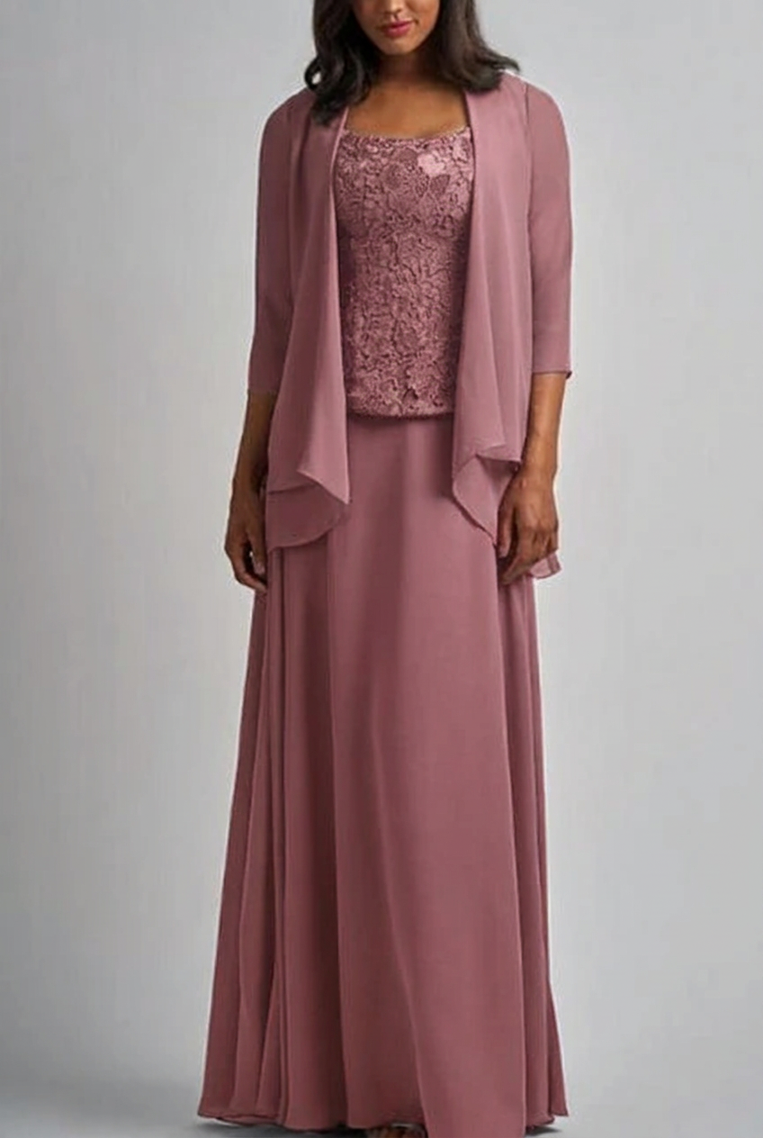Rose gold designer long chiffon lace mother of the bride dress with jacket