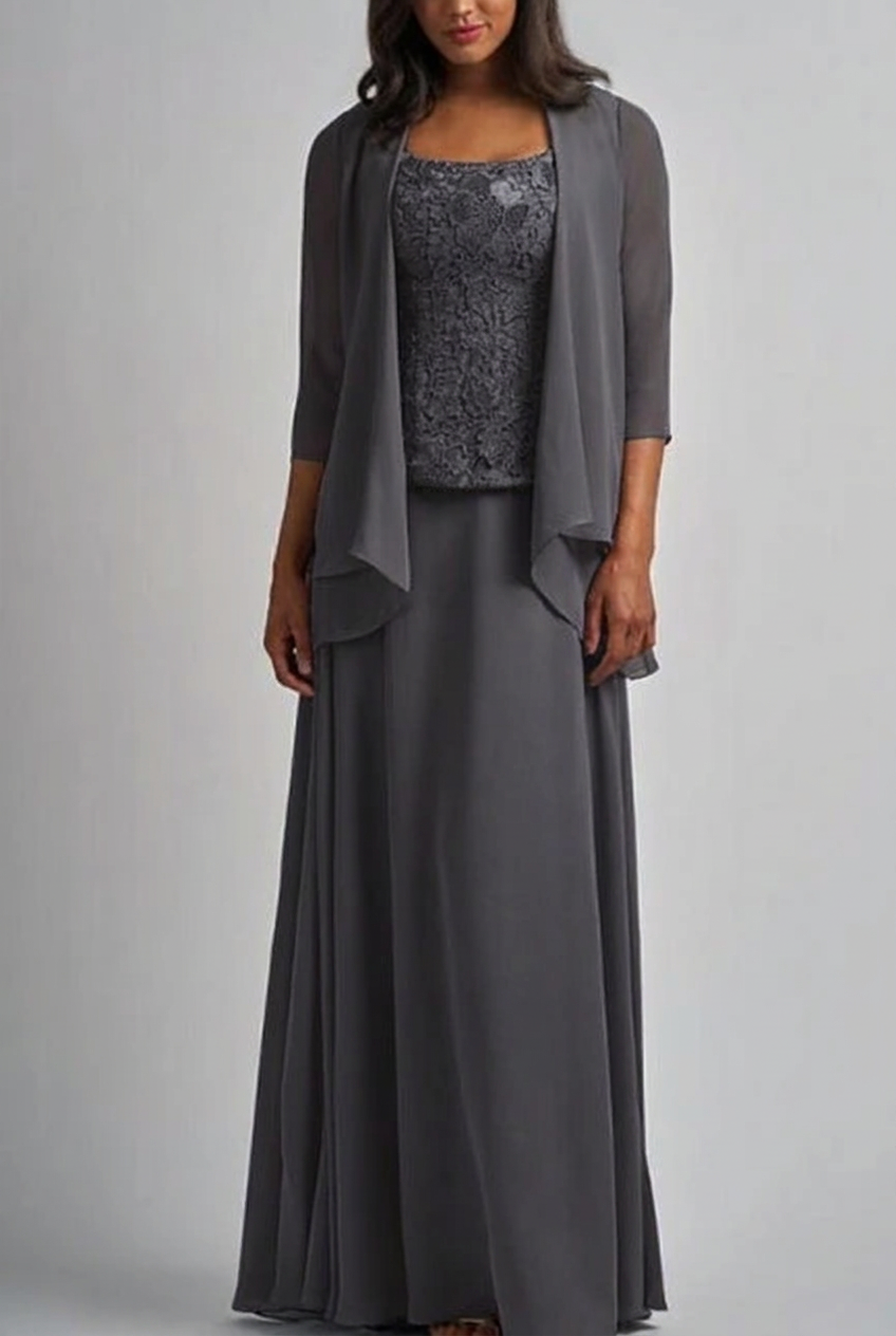 Charcoal gray designer long chiffon lace mother of the bride dress with jacket