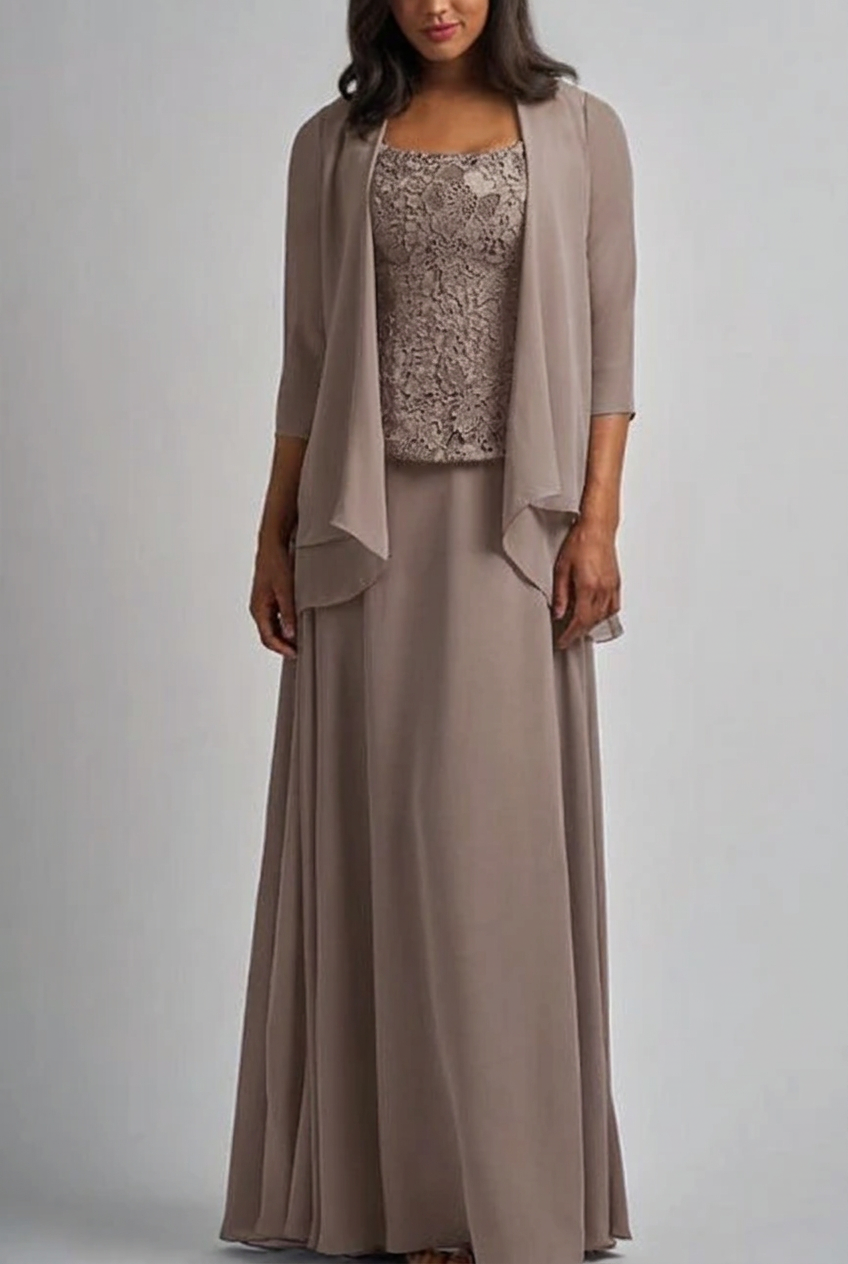 Taupe designer long chiffon lace mother of the bride dress with jacket